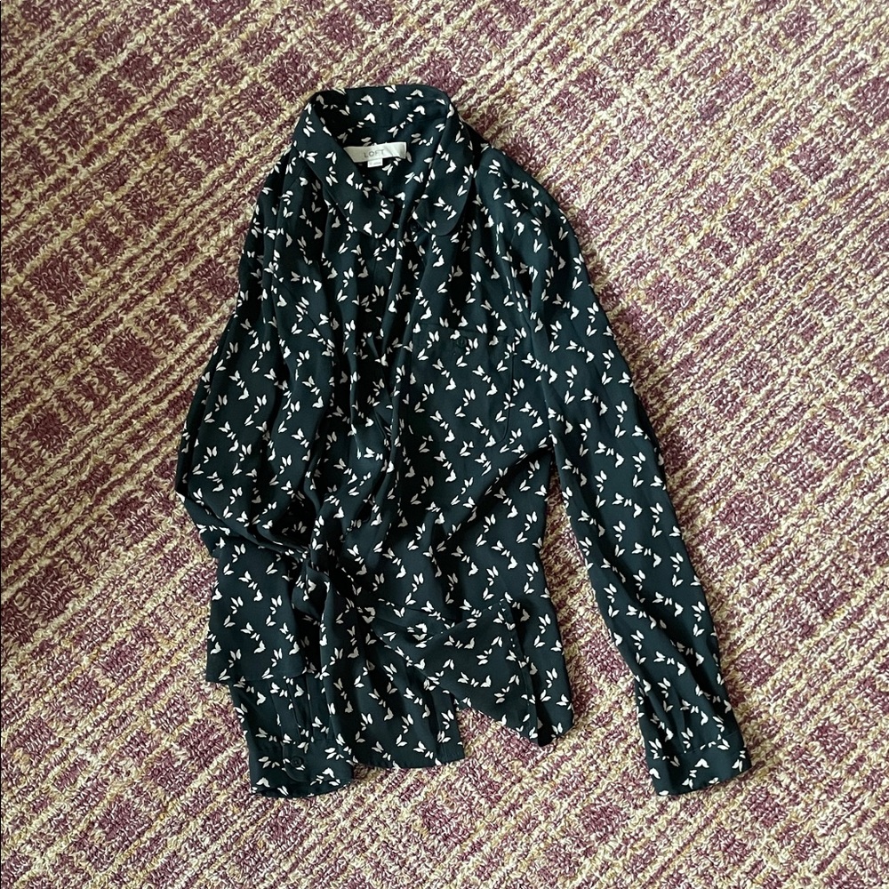 LOFT Dark Green Blouse with Cream Leaf Print